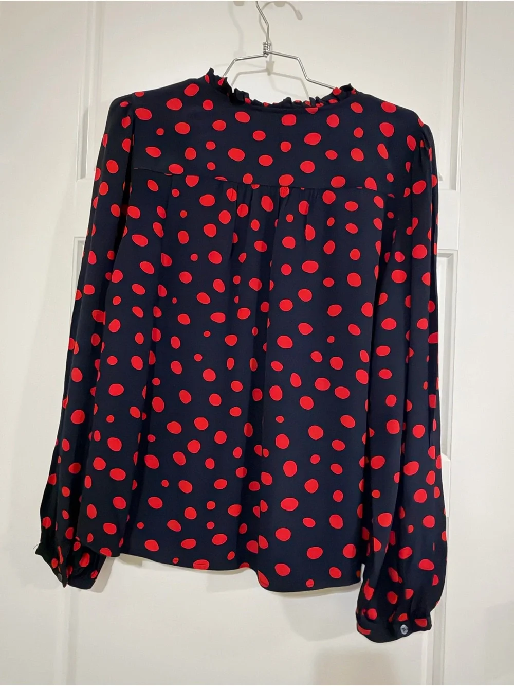 LOFT Navy Blouse with Red Polka Dot Print